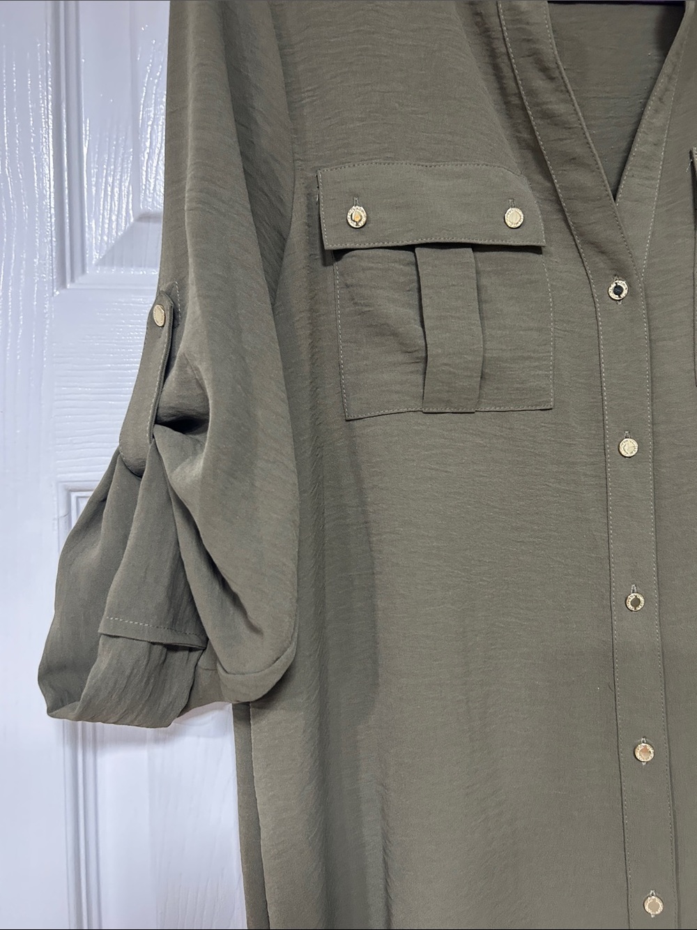 Calvin Klein Olive Green Button-Up Utility Blouse- large - Picture 4 of 6